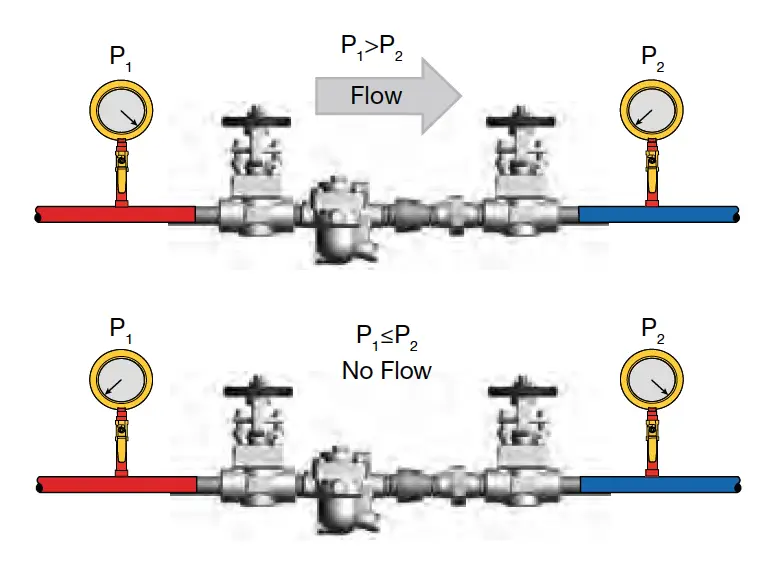Esquema que muestra flujo cuando P1 > P2 (arriba), y ausencia de flujo cuando P1 ≤ P2 (abajo).